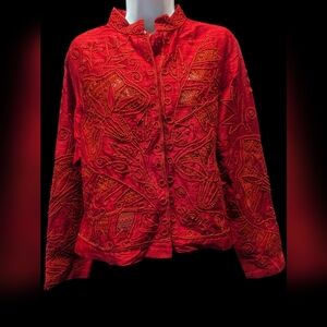 Norm Thompson Red silk Embroidered Embellished Jacket
